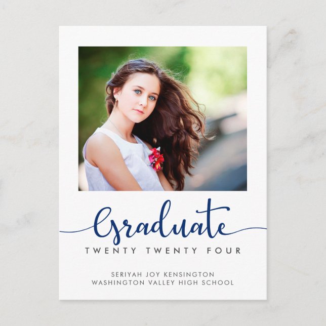 Modern Elegant Minimalist Graduation Script Photo Announcement Postcard (Front)