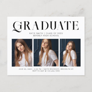 Modern Elegant Minimalist Graduation Three Photo Invitation Postcard