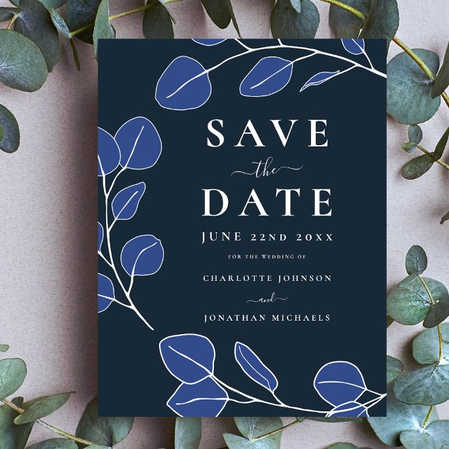 Modern Elegant Minimalist Leaf Blue Wedding Save The Date (Minimalist eucalyptus leaves stylish modern typography navy blue wedding invitation )