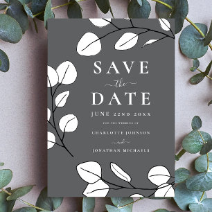 Modern Elegant Minimalist Leaf Grey Wedding  Save The Date
