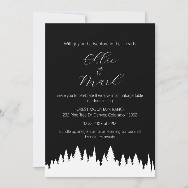 Modern Elegant Minimalist Pine Tree Wedding Black Invitation (Front)