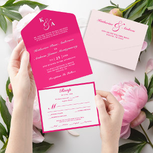 Modern Elegant Minimalist Pink Monogram Wedding All In One Invitation