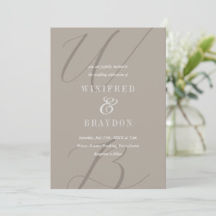 Modern Elegant Minimalist Taupe Monogram Wedding Invitation