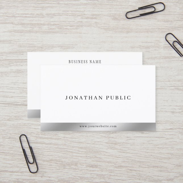 Modern Elegant Minimalist Template Silver & White Business Card (Front/Back In Situ)