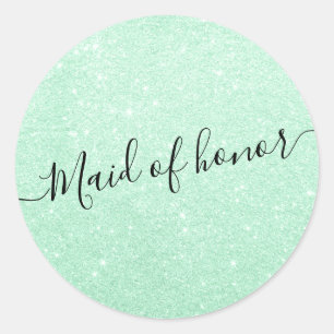 Modern elegant mint green glitter maid of honour classic round sticker
