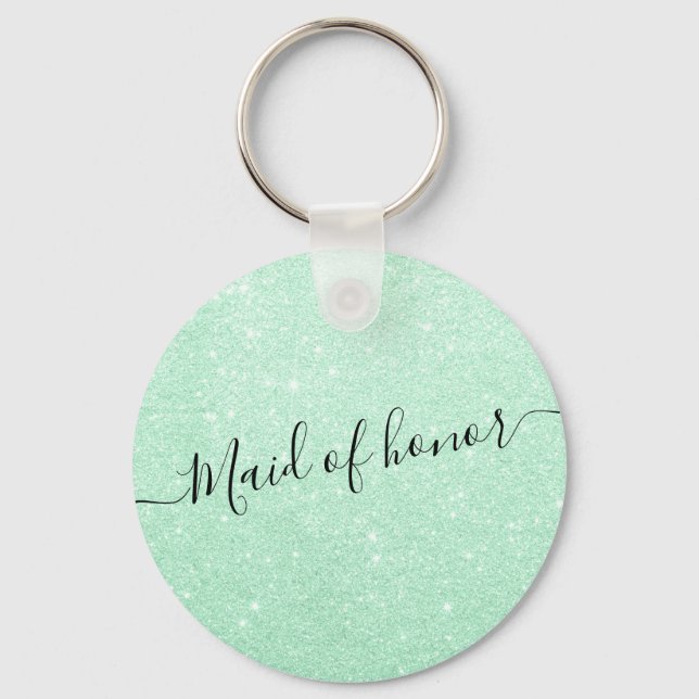 Modern elegant mint green glitter maid of honour keychain (Front)