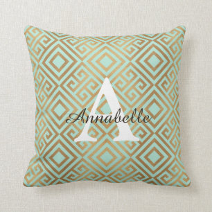 Modern Elegant Mint Green Gold Monogram Throw Pillow