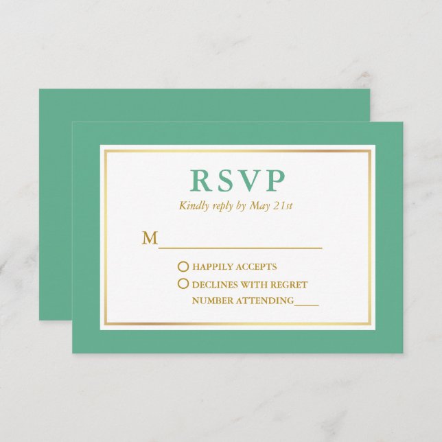 Modern Elegant Mint Green White Gold RSVP Card (Front/Back)
