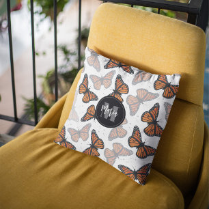 Modern Elegant Monarch Butterfly Monogrammed Throw Pillow