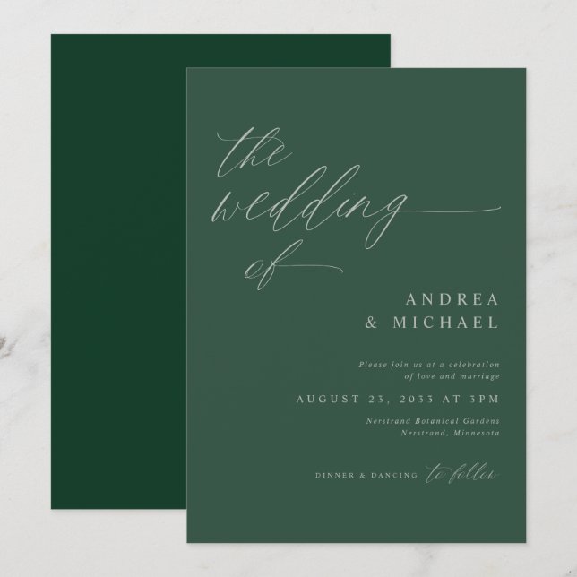 Modern Elegant Monochromatic Emerald Green Wedding Invitation (Front/Back)