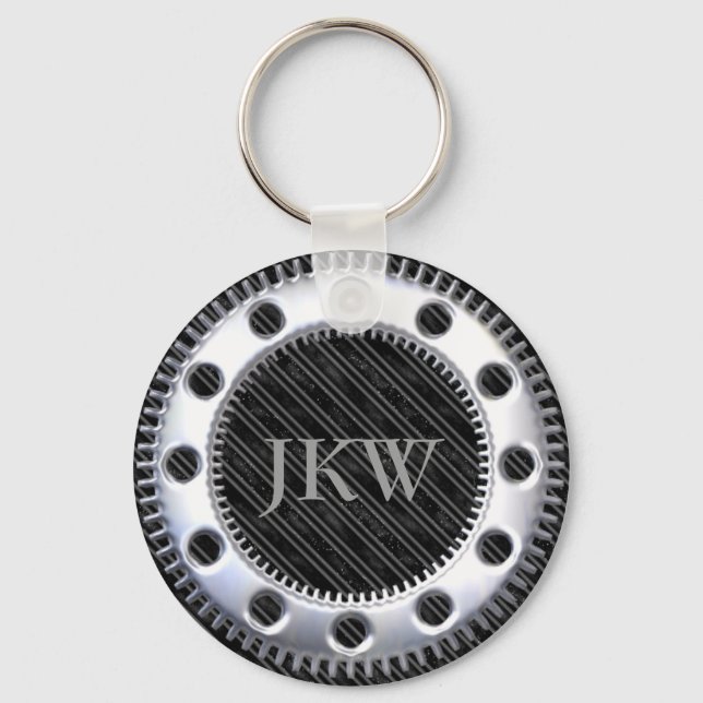 Modern Elegant Monogram Black and Grey Striped  Keychain (Front)