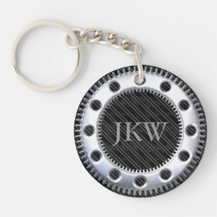 Modern Elegant Monogram Black and Grey Striped  Keychain