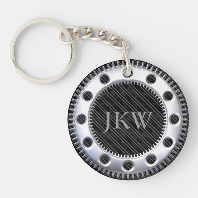 Modern Elegant Monogram Black and Grey Striped  Keychain (Front)
