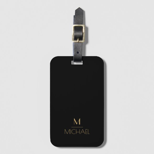 Modern Elegant Monogram  Black & Gold  Luggage Tag (Front Vertical)