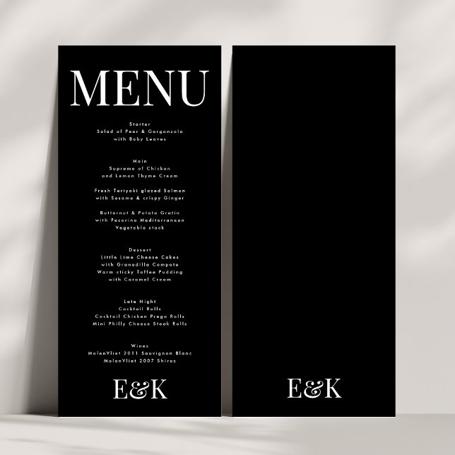 Modern Elegant Monogram Black White Wedding Menu (Creator Uploaded)