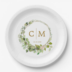 Modern, elegant monogram, eucalyptus wedding paper plate