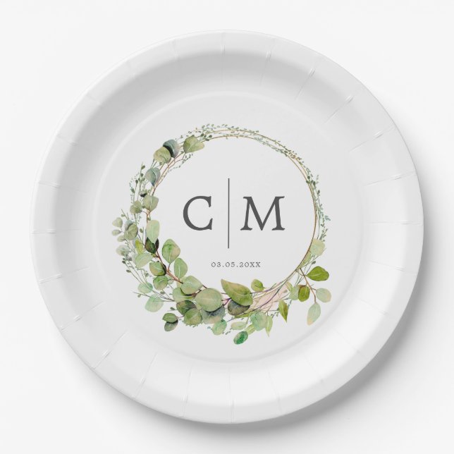 Modern, elegant monogram, eucalyptus wedding  paper plate (Front)