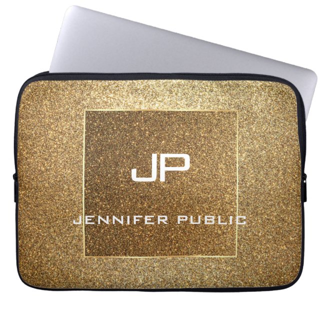 Modern Elegant Monogram Gold Glitter Template Laptop Sleeve (Front)