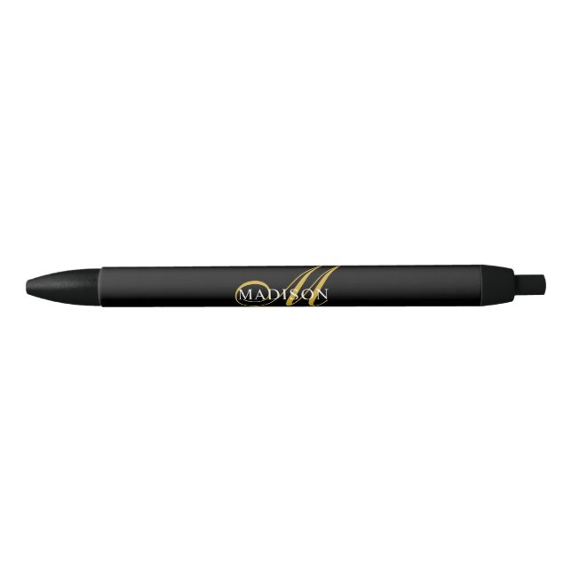 Modern Elegant Monogram Gold Script Black Black Ink Pen (Front)