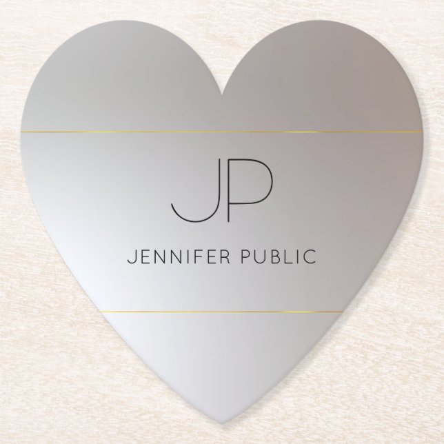 Modern Elegant Monogram Gold Silver Trendy Paper Coaster (Front)