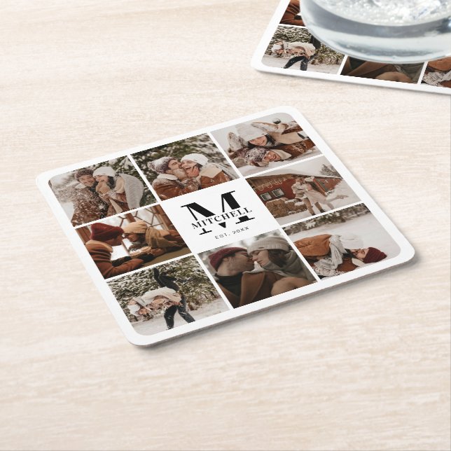 Modern Elegant Monogram Initial Family Name Photo Square Paper Coaster (Angled)