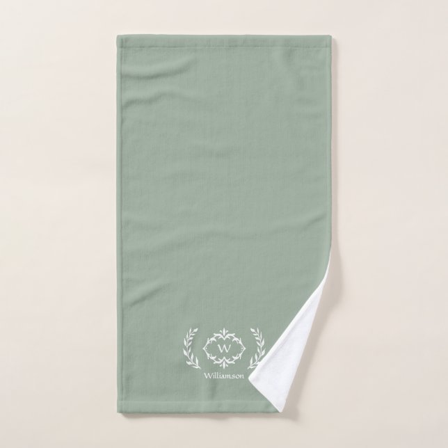 Modern Elegant Monogram Initial Sage Green White Bath Towel Set (Hand Towel)