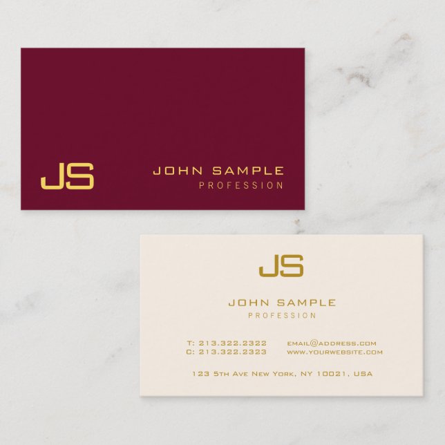 Modern Elegant Monogram Luxury Ruby Red & Gold Business Card (Front/Back)