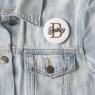 Modern Elegant Monogram Name  Black Gold Script  2 Inch Round Button