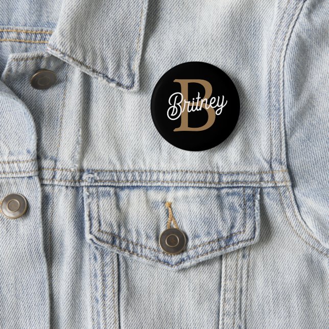 Modern Elegant Monogram Name  Black Gold Script  2 Inch Round Button (In Situ)