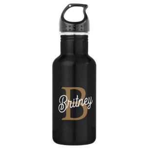 Modern Elegant Monogram Name  Black Gold Script  532 Ml Water Bottle