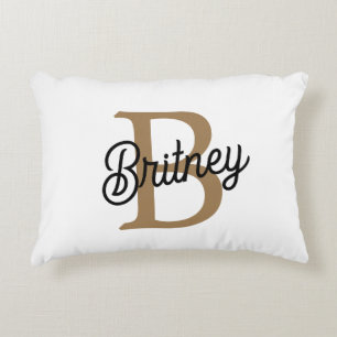 Modern Elegant Monogram Name  Black Gold Script  Accent Pillow