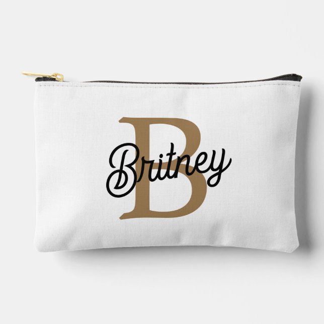 Modern Elegant Monogram Name  Black Gold Script  Accessory Pouch (Front)