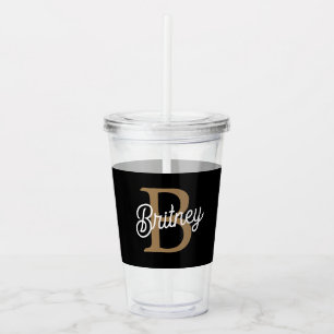 Modern Elegant Monogram Name Black Gold Script Acrylic Tumbler