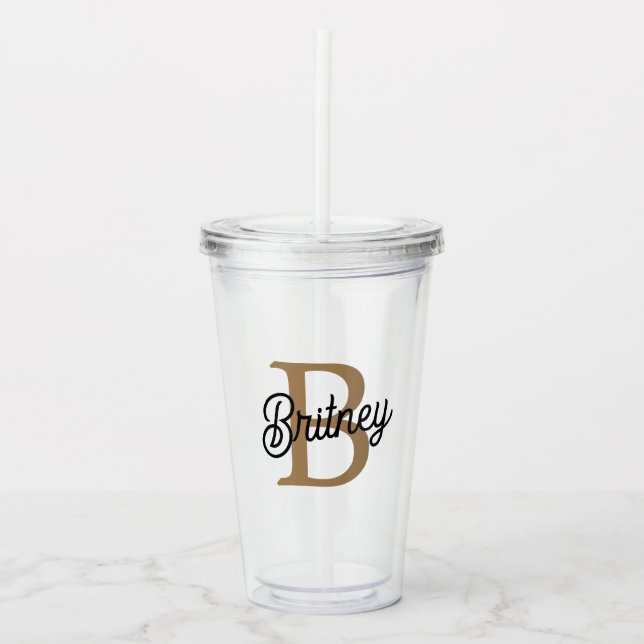 Modern Elegant Monogram Name  Black Gold Script  Acrylic Tumbler (Front)