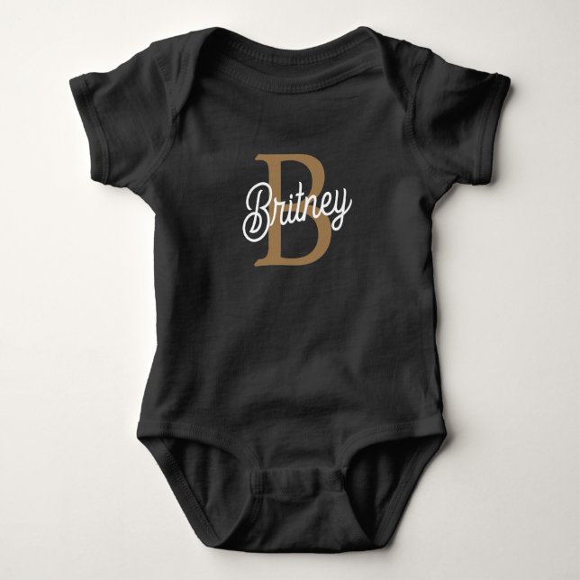 Modern Elegant Monogram Name  Black Gold Script  Baby Bodysuit (Front)