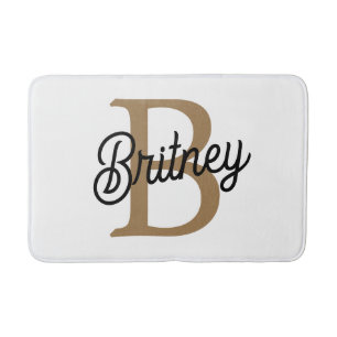 Modern Elegant Monogram Name Black Gold Script Bath Mat