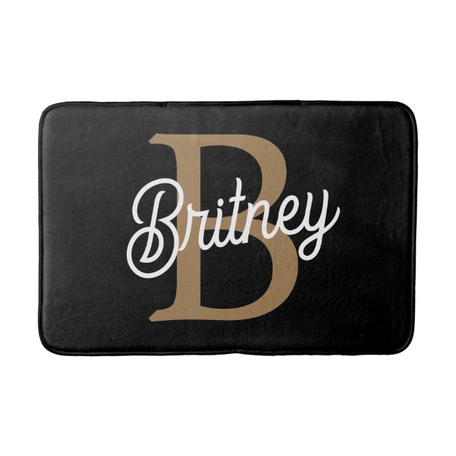 Modern Elegant Monogram Name  Black Gold Script  Bath Mat (Front)