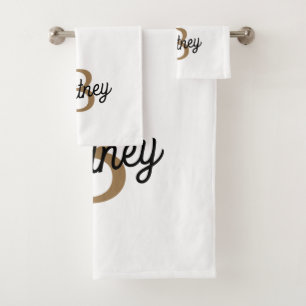 Modern Elegant Monogram Name  Black Gold Script  Bath Towel Set