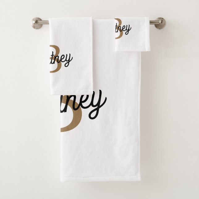 Modern Elegant Monogram Name  Black Gold Script  Bath Towel Set (Insitu)