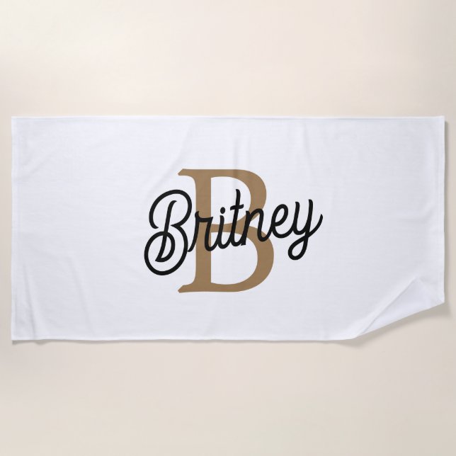 Modern Elegant Monogram Name  Black Gold Script  Beach Towel (Front)