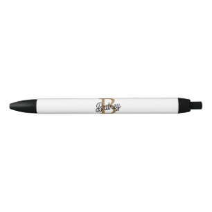 Modern Elegant Monogram Name  Black Gold Script  Black Ink Pen