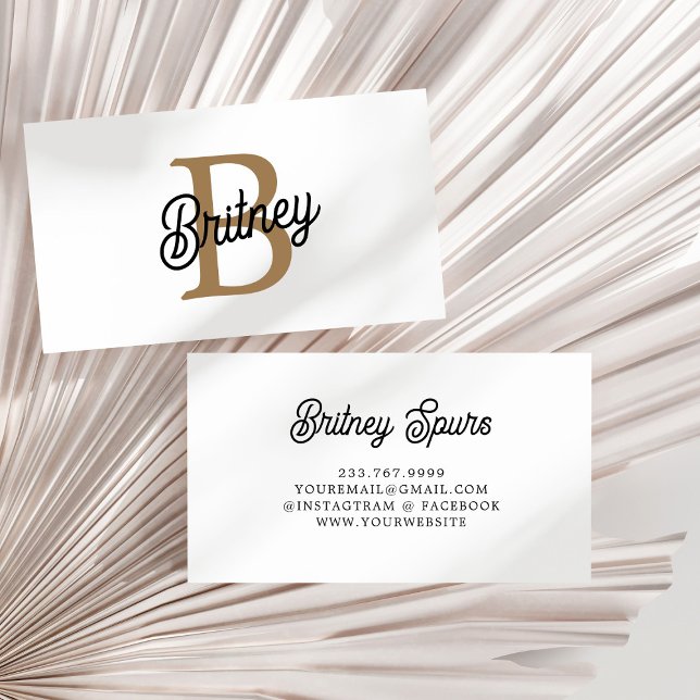 Modern Elegant Monogram Name Black Gold Script Business Card (Creator Uploaded)