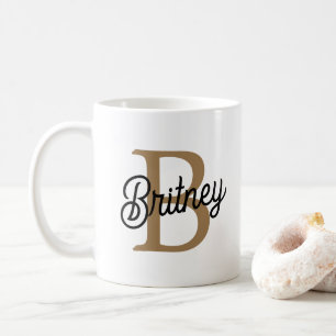 Modern Elegant Monogram Name Black Gold Script Coffee Mug