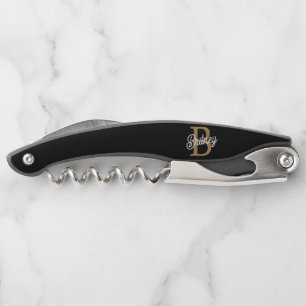 Modern Elegant Monogram Name  Black Gold Script  Corkscrew