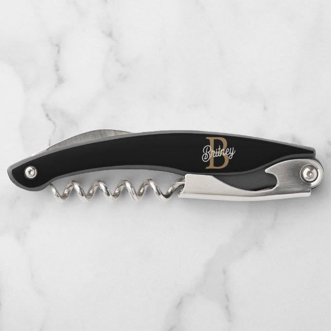 Modern Elegant Monogram Name  Black Gold Script  Corkscrew (Back)