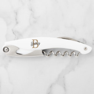 Modern Elegant Monogram Name Black Gold Script Corkscrew
