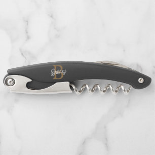 Modern Elegant Monogram Name Black Gold Script Corkscrew
