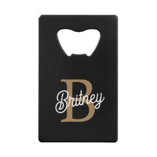 Modern Elegant Monogram Name Black Gold Script Credit Card Bottle Opener
