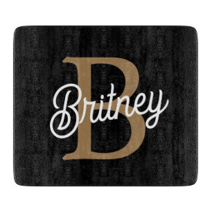 Modern Elegant Monogram Name Black Gold Script Cutting Board