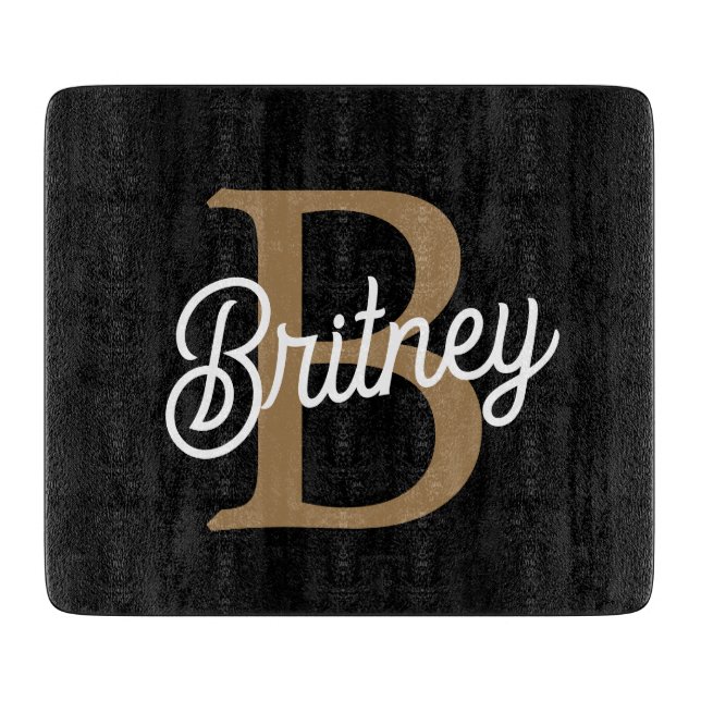 Modern Elegant Monogram Name  Black Gold Script  Cutting Board (Front)